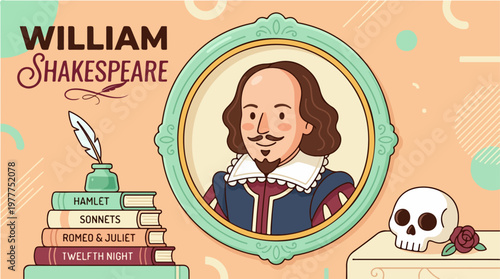 Illustration of William Shakespeare with books, quill, and skull