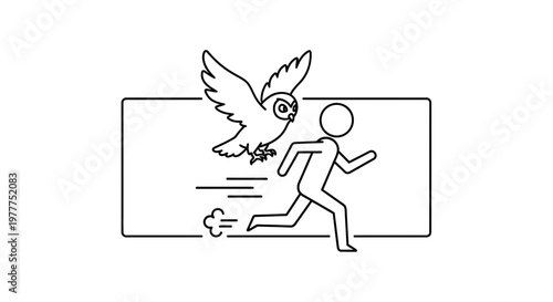 Running person chased by owl, abstract motion lines, black and white line art