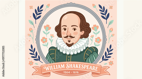 Illustration of William Shakespeare in a decorative frame with floral elements