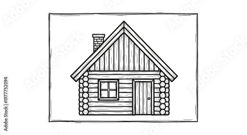 Rustic Log Cabin House with Chimney and Window, Hand Drawn Sketch Style
