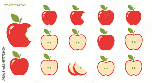 Collection of Red Apples: Whole, Bitten, Halved, Sliced - Vector Icons