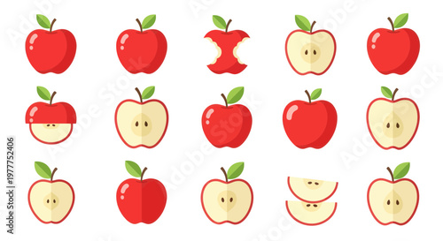 Fresh Red Apples Collection: Whole, Halved, and Bitten Icons