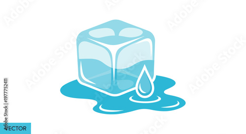 Melting Ice Cube with Water Droplet and Puddle, Cold Refreshment Icon