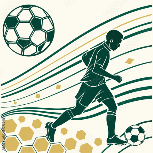 Soccer player kicking ball dynamic lines hexagons background vector illustration