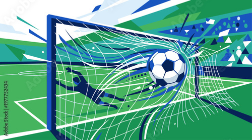 This vibrant graphic illustration captures the exhilarating moment of a soccer ball powerfully entering the goal net, with a goalkeeper making a dynamic diving save.