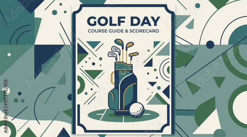 This elegant vector illustration captures the essence of a golf day, showcasing a golf bag, clubs, ball, and scorecard, perfect for event invitations.