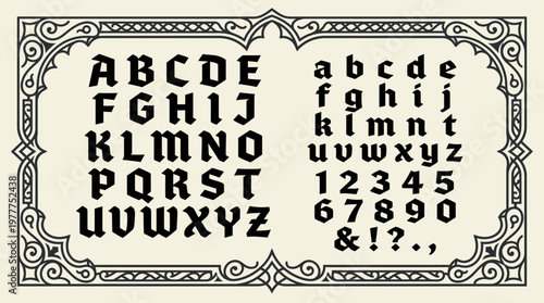 An elegant vintage gothic alphabet, featuring uppercase and lowercase characters, numbers, and symbols, beautifully enclosed within an ornate decorative frame.
