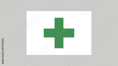 A vibrant green cross symbol prominently displayed on a clean white background, representing health, first aid, and positive additions.