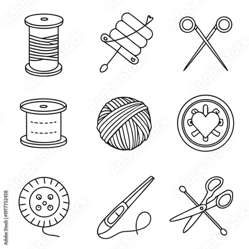 Sewing tools and supplies vector set thread spool needles scissors button