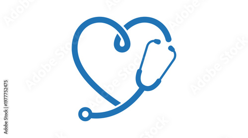 A blue stethoscope artistically forms a heart shape, symbolizing medical care, health, and compassion within the healthcare industry.