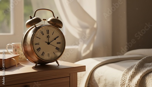 Vintage Alarm Clock on Bedside Table in Sunlit Morning
