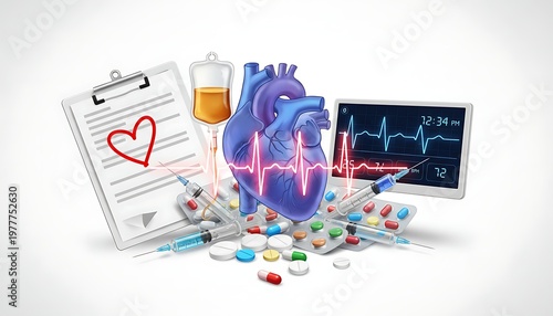 Colorful Heart Anatomical Model with Medical Devices in Front