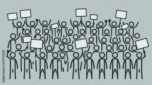 An illustrative graphic depicts a large group of stylized people raising their hands and holding blank placards during a public protest or demonstration.