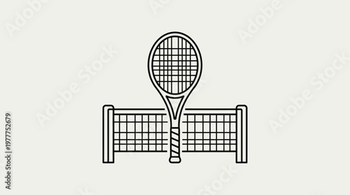 A minimalist line art illustration depicts a classic tennis racket standing upright behind a traditional tennis net, symbolizing sports and recreation.
