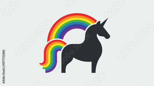 A striking black unicorn silhouette stands proudly with a vibrant, arching rainbow flowing from its back and forming its magical tail.