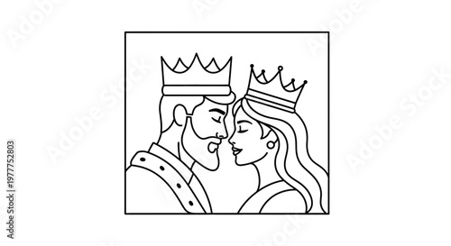 Royal Couple King and Queen in Love, Black and White Line Art