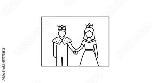 Royal Couple King and Queen Holding Hands Icon, Line Art Illustration