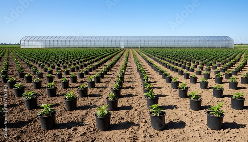 Organized Rows of Potted Plants in a Farm Field with Greenhouse