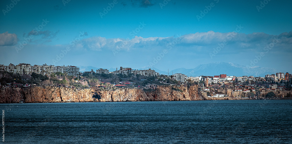 Obraz premium Antalya, Lara, Turkey. Mediterranean Sea and Gulf of Antalya. Falezler in a bright sunny day.