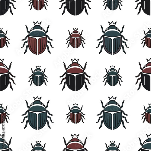 Seamless Pattern of Stylized Scarab Beetles in Various Colors.