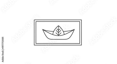 Origami Paper Boat with Green Leaf Symbol Inside, Minimalist Outline Art