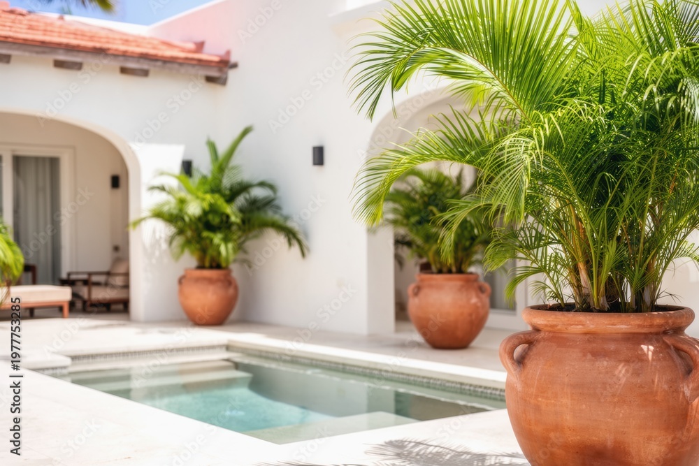 Fototapeta premium Potted palms beside a serene courtyard pool at a sunlit resort villa retreat
