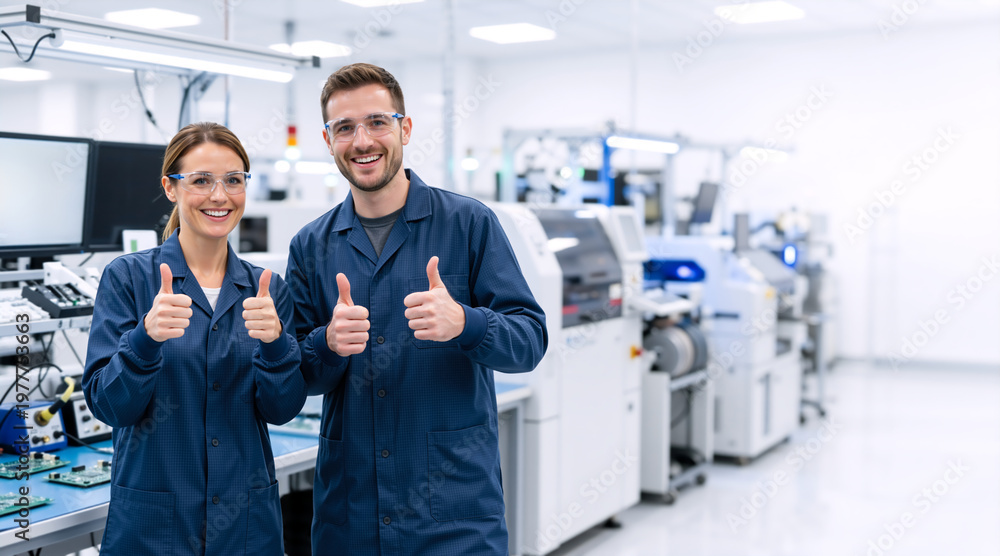Obraz premium Happy factory workers giving thumbs up in modern industrial plant. Manufacturing team success concept. Copy space for text
