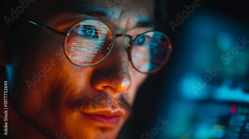 Focused Cybersecurity Expert Analyzing Complex Data Reflections on Eyeglasses