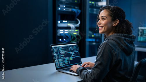 Smiling female software developer coding on a laptop in a dark data center. Woman programmer working at a desk in an illuminated server room. Cloud computing and network management