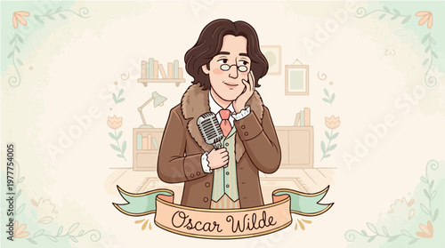 Illustration of Oscar Wilde holding a book with a thoughtful expression in a decorative setting with floral patterns and a banner with his name.