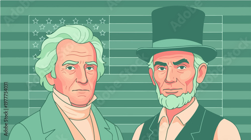 Illustration of Thomas Jefferson and Abraham Lincoln in a green-toned graphic portrait with a striped background