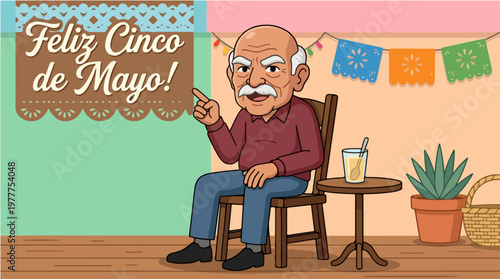An elderly man sitting on a chair with a drink on a table, celebrating Cinco de Mayo with festive decorations in the background.