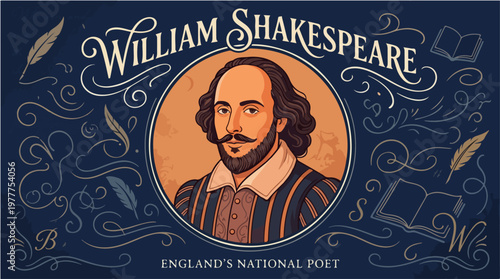 Illustration of William Shakespeare in a decorative design with books and quills on a dark blue background with golden accents.