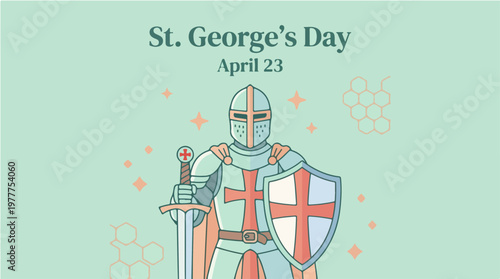 Illustration of a medieval knight in armor holding a sword and shield on St. George's Day with a mint green background and orange accents.