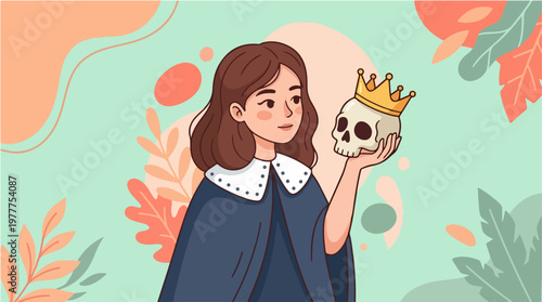 Illustration of a young woman holding a crowned skull with a thoughtful expression against a vibrant floral background with abstract shapes.