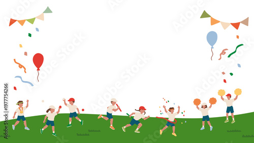 運動会、体育祭の体操着の子供、ガーランド、風船、校庭、応援団、かけっこのかわいい手描きベクターイラストフレーム テンプレート 16:9　Cute hand-drawn vector illustration frame featuring a sports day, garland, and balloons.