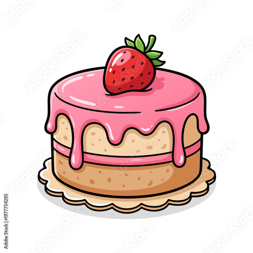 Whimsical Hand Drawn Layered Cake with Strawberry Topping Dessert Illustration