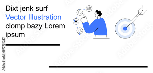 Goal setting, success strategies, business planning, target audience analysis, productive focus, teamwork. A person interacts with icons and a bullseye target. Goal setting and success strategies