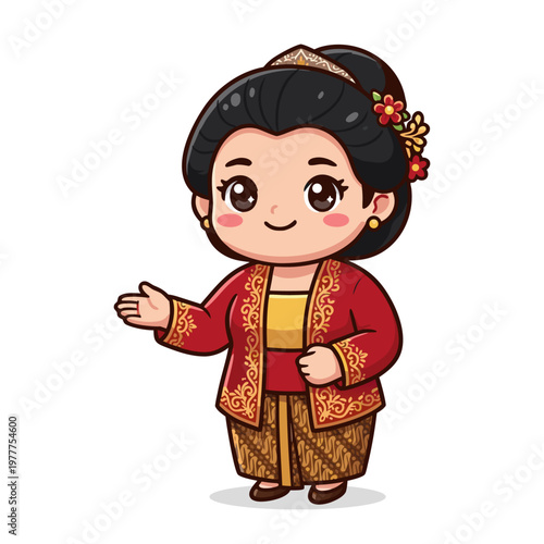 Cute Javanese Bride Character in Traditional Attire Illustration
