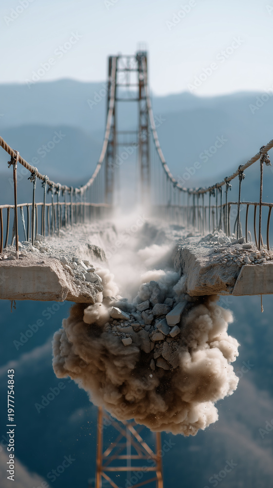 Fototapeta premium Bridge Demolition: A dramatic visual captures the controlled explosion of a bridge, showcasing the power of engineering and the fleeting moment of destruction against a backdrop of mountains.