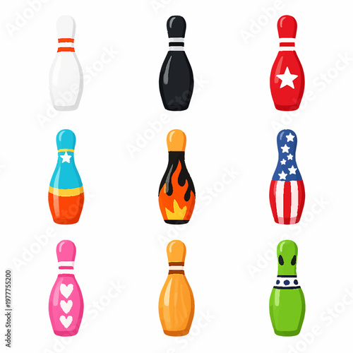 Colorful bowling pins set with unique designs on white background for game or party