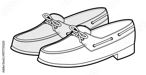 Boat loafer shoe women sketch pair. Lace detail casual deck footwear for weekend travel coastal outfit. Technical fashion illustration CAD mockup detailed vector man unisex isolated classic style.