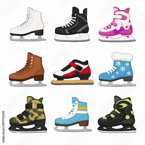 Collection of colorful ice skates in various styles and designs for winter sports