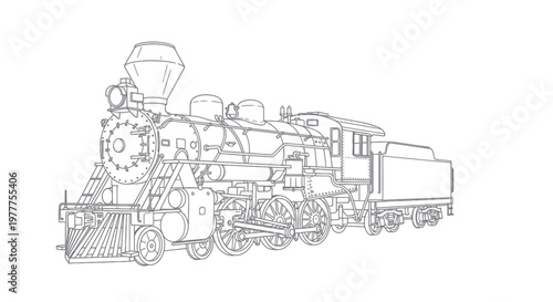 Vintage Steam Locomotive Outline Drawing, Classic Train Illustration