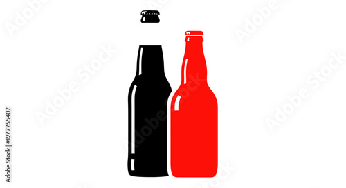 Two stylized bottles, one red, one black, with cap flying off