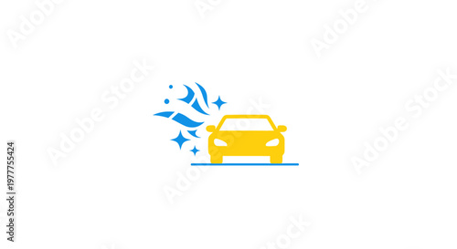 Yellow Car with Sparkles and Air Waves Icon - Cleanliness and Freshness