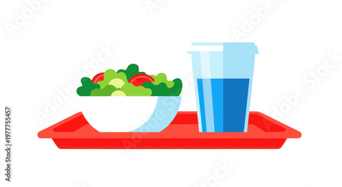 Healthy Salad and Water Meal on Red Tray - Flat Design
