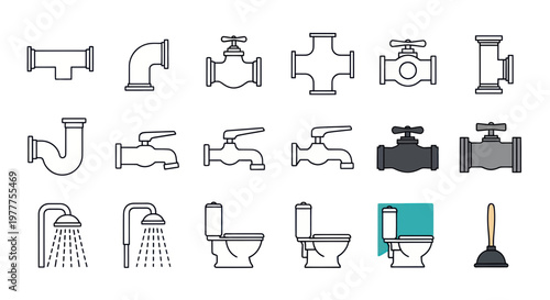 Plumbing Fixtures Collection: Pipes, Faucets, Toilets, Shower Heads, Plunger