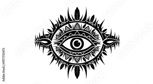 Mystic Eye Symbol with Tribal Patterns and Feathers - Black and White Graphic