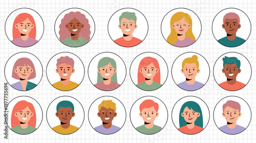 An artistic collection of illustrated faces, each radiating with distinct expressions and vibrant colors, offering a diverse representation of individual identities.